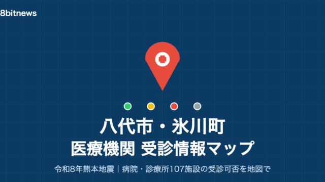Blue grid banner for 八代市・氷川町 医療機関 受診情報マップ with a red location pin and four colored status dots (green, yellow, red, gray).